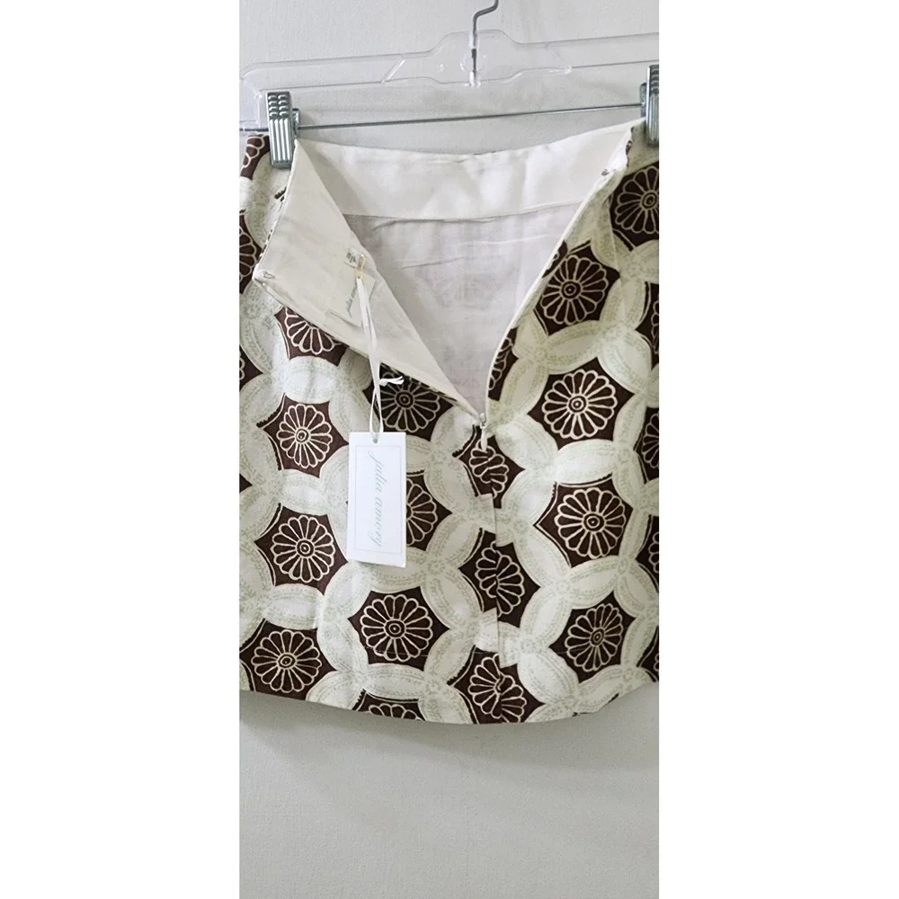 Julia Amory Brown Cream Geometric Floral Block Print Cotton Mini Skirt XS New - Picture 5 of 7